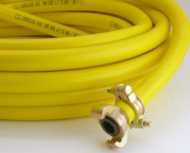 Click to enlarge - Rubber PVC alloy (TPE) hose is a relatively new innovation combining the best properties of rubber and PVC in a single extruded hose.
Yellow cover or yellow with a longitudinal stripe.